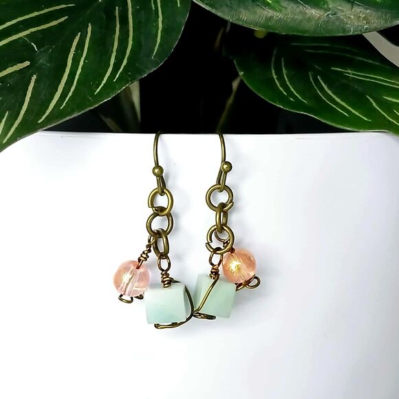 Boho Chic Beaded Dangle Earrings, Bronze Amazonite Glass Hypoallergenic - Picture 1 of 4